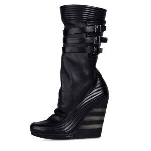 Y-3 Yohji Yamamoto Drape Black Leather Platform Wedge Boots